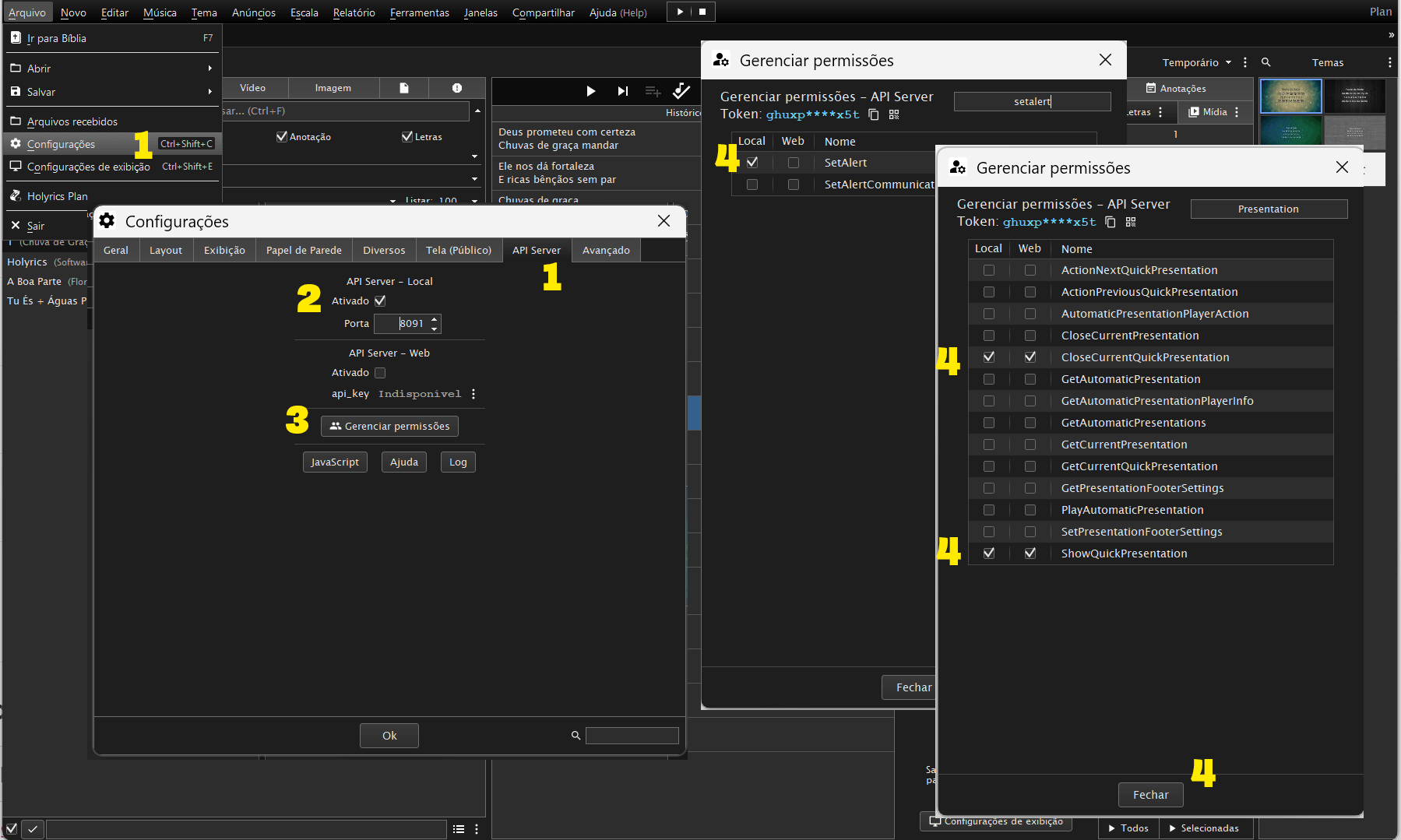 Tela Gerenciar permissões do API Server do Holyrics, com as ações ShowQuickPresentation, CloseCurrentQuickPresentation e SetAlert visíveis
